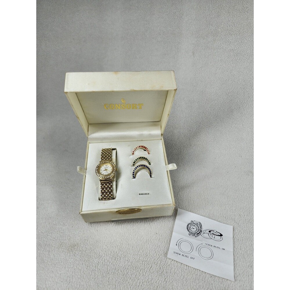 Vintage Consort Quartz Watch Gift Set Gold Tone Rhinestone Bezel w/ Box